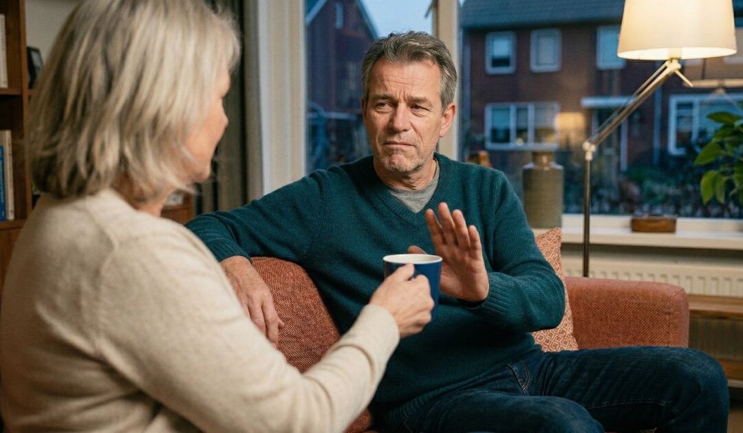 Man van rond de 60 weigert een kop koffie in de woonkamer als herkenbaar beeld bij tips tegen vaak plassen