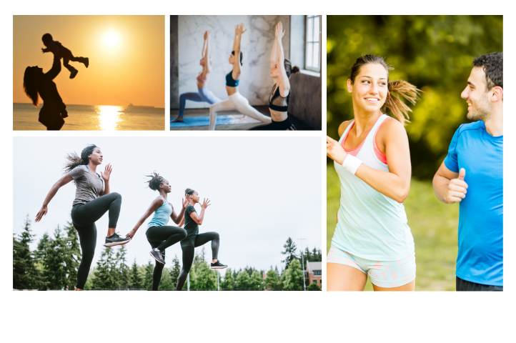 Sportende vrouwen Collage van vrouwen na bevalling: actief zonder urineverlies tijdens yoga, hardlopen, kind tillen.