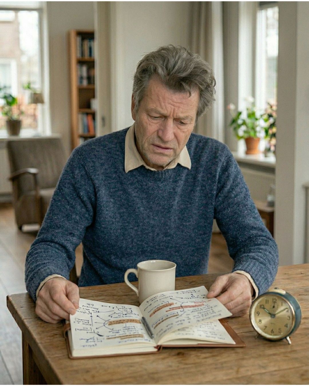 Te veel losse tips tegen veel plassen man Man van rond de 60 kijkt gefrustreerd naar losse adviezen voor veel plassen man