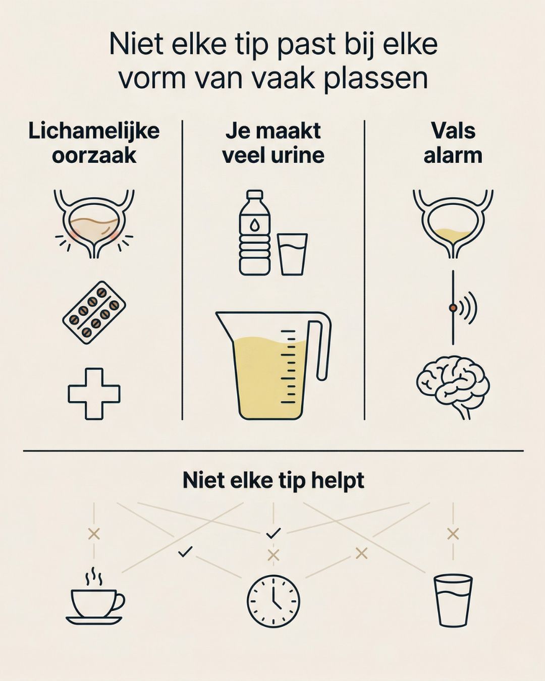 Niet elke tip past bij elke oorzaak van vaak plassen Schema met verschillende oorzaken van vaak plassen en waarom niet elke tip daarbij past